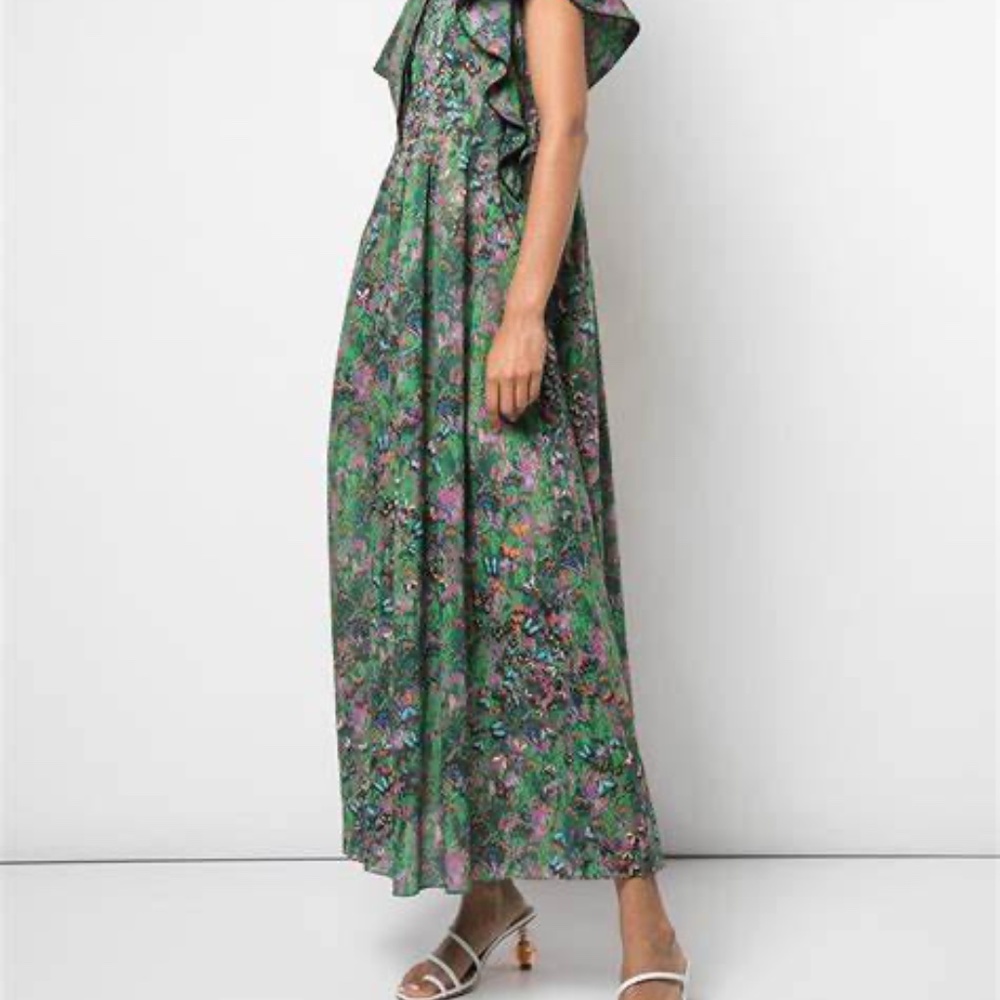 CYNTHIA ROWLEY GREEN FLORAL CAFTAN DRESS PUFFED SLEEVES